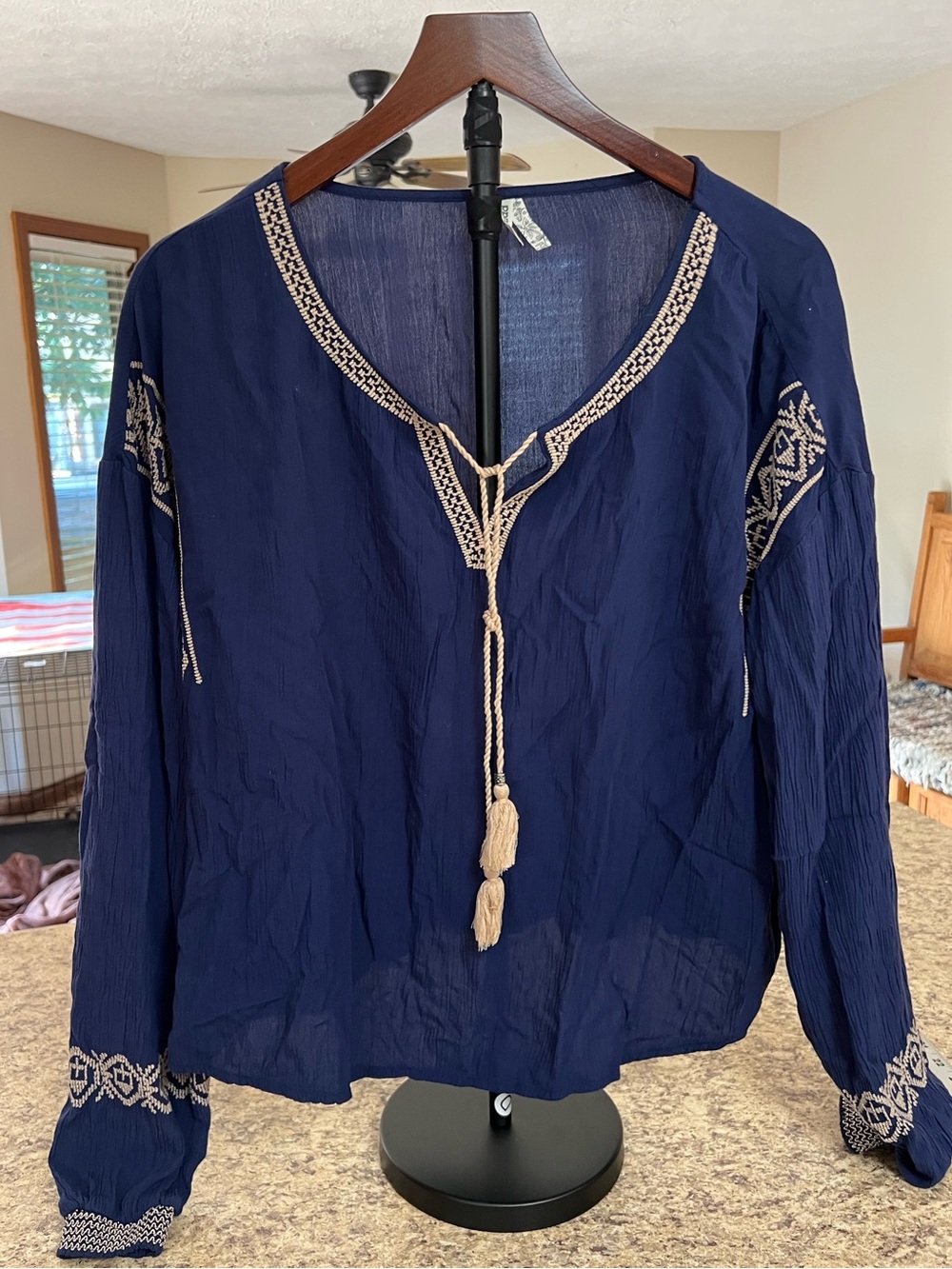 Mudd Navy Boho Embroidered peasant Tunic with Beige Tassel